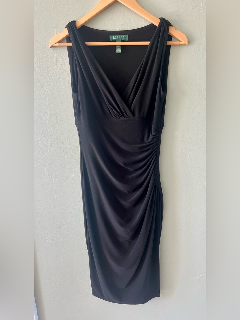 Ralph Lauren Black Ruched Midi V-Neck Sheath Dress Size 4